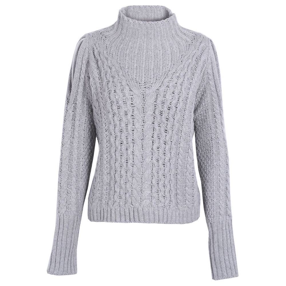 Cold Shoulder Cable Knit Mock Neck Knit Sweater - Picture 2 of 3